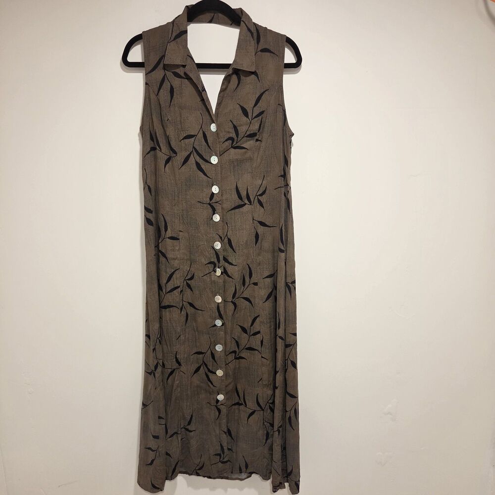 Vintage 90s Maxi Dress Womens 10 Brown Leaf Rayon Open Back Sleeveless Cottage